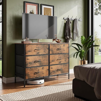 WLIVE Dresser for Bedroom with 6 Drawers, Wide Fabric Dresser TV Stand for 50 Inches TV, with Metal Frame, Wooden Top, Fabric Storage Dressers for Bedroom, Hallway, Entryway, Rustic Brown