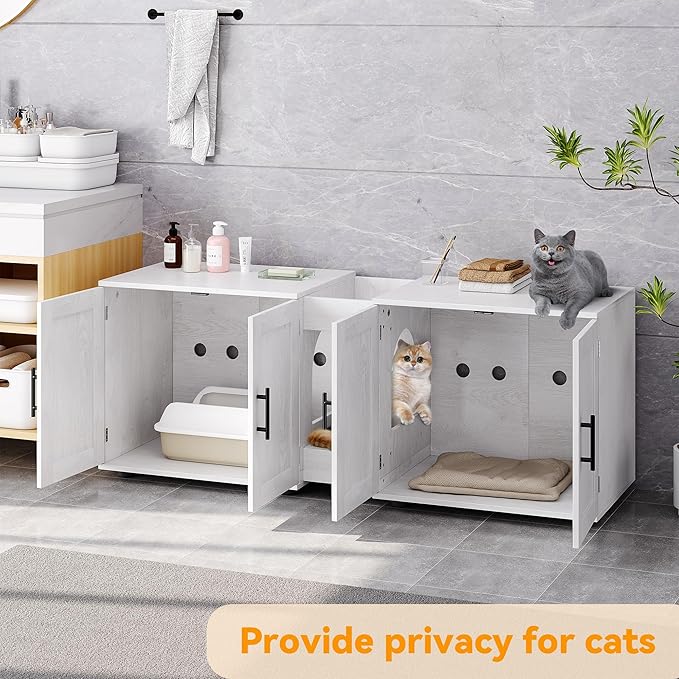 Gaomon Litter Box Enclosure with Double Cage, Cat House,Hidden Litter Box Enclosure Furniture for 2 Cats, Wooden Enclosed Cat Litter Box Furniture,55”L x 17.7”W x 22.5”H,White-Mewly Pet