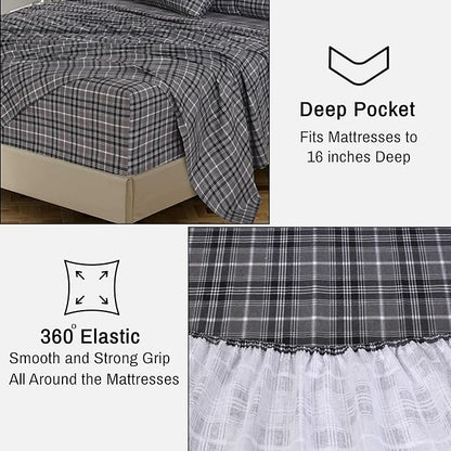RUVANTI Flannel Sheets Twin Size - 100% Cotton Double Brushed Twin Sheets Set, Deep Pockets 16 Inches, All Seasons Breathable & Extra Soft Bed Sheets, Warm & Cozy, 3 Piece, Grey Plaid