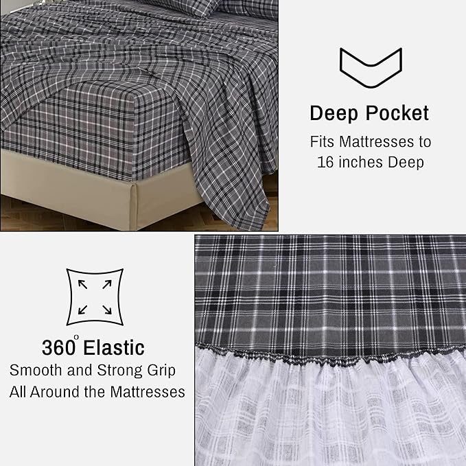 RUVANTI Flannel Sheets Twin XL Size - 100% Cotton Double Brushed Twin XL Sheet Sets, Deep Pockets 16 Inches, All Seasons Breathable & Extra Soft Bed Sheets, Warm & Cozy, 3 Piece, Grey Plaid