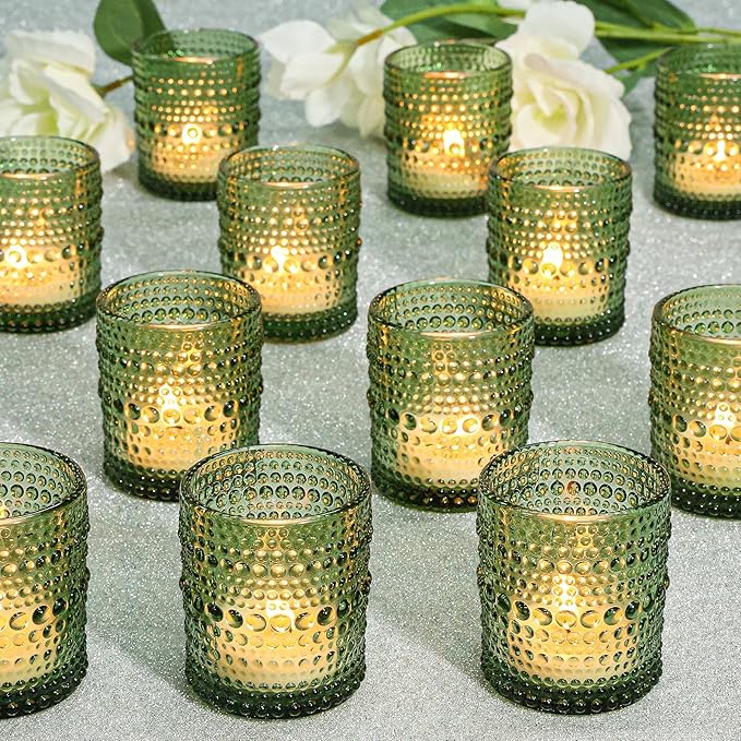 24 Pcs Votive Candle Holders, Bright Green Glass Holders Bulk for Table Centerpiece, Tea Lights Candle Holders for Wedding Shower, Party and Home Decor