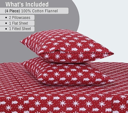 RUVANTI Flannel Sheets King Size - 100% Cotton Brushed King Size Sheets Set - Deep Pockets 16 Inches Bed Sheets - All Seasons Breathable & Extra Soft - Warm & Cozy, 4 Piece, Red Christmas