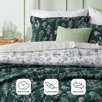 Bedsure King Comforter Set - Emerald Bed Set, 3 Pieces Cute Floral Bedding, 1 Soft Reversible Botanical Flowers Comforter and 2 Pillow Shams