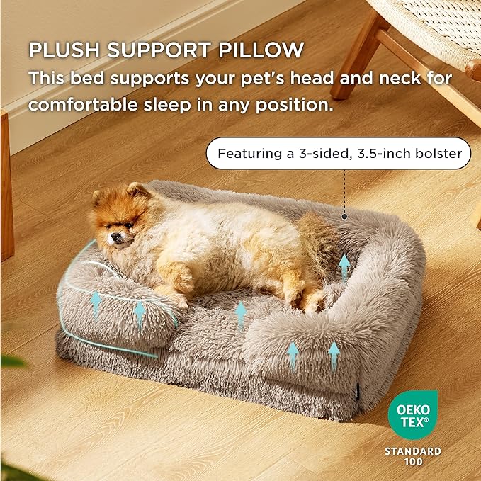 Bedsure Orthopedic Dog Beds for Small Dogs - Washable Small Dog Cat Bed Waterproof, Comfort Pet Couch Sofa with Washable Removable Cover, Pets Bed with Nonskid Bottom, Long Faux Fur-Taupe, 24"-Mewly Pet