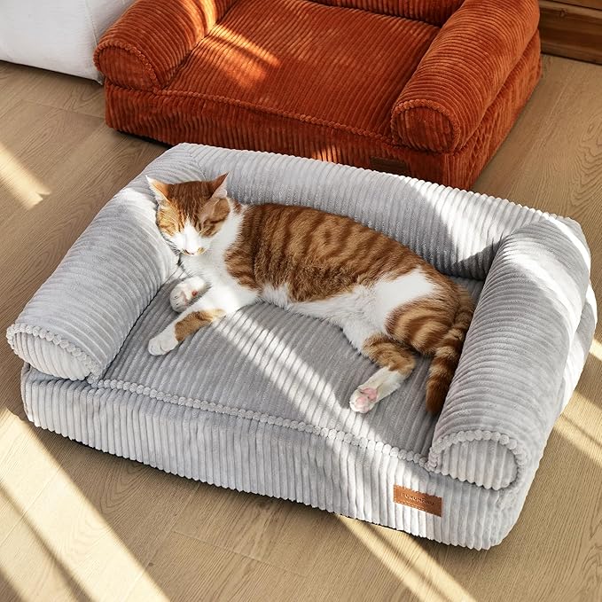 FUKUMARU Dog Couch Bed, Corduroy Cozy Cat Bed for Indoor Cats with Washable Cover, Supportive Waterproof Dog Beds Sofa for Small Dogs and Large Cats Cute, 28inch, Medium, Light Grey-Mewly Pet