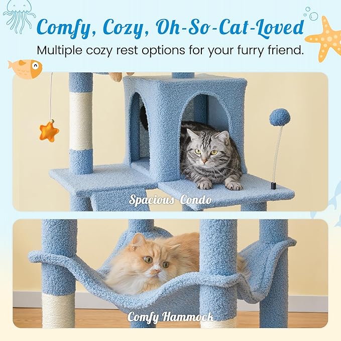 MWPO Ocean-Themed Cat Tree, 70.1-Inch Multi-Level Tall Tower for Indoor Cats, Plush Cat Condo with Big Padded Perches, Sisal-Covered Scratching Posts, Hammock, Toys for Kittens, Blue-Mewly Pet