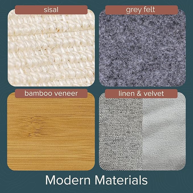 Ascentials - Grand Suite Cat Scratcher Playground - Tall Cat Tower Playground Structure, Sisal Scratching Areas, Grey Felt, Bamboo Veneer w/Linen & Velvet Surface Areas-Mewly Pet