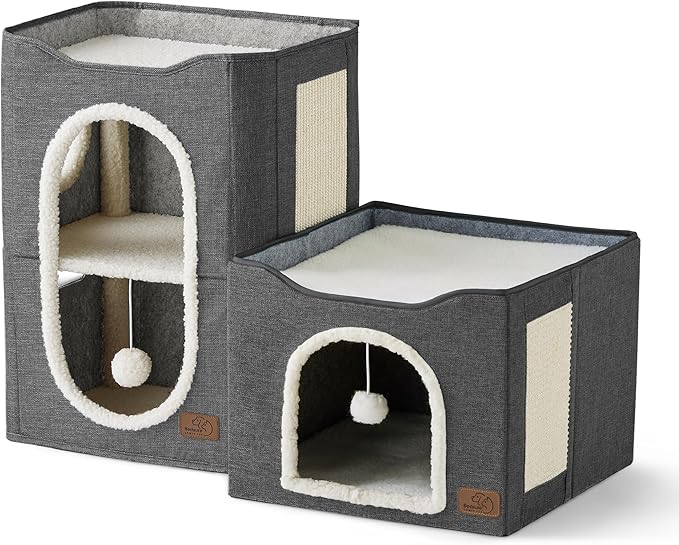 Bedsure 2 Story Cat House - Cat Condos for Indoor Cats with Scratch Pad and Fluffy Ball Hanging, Small Pet Cave Furniture Hideaway for Multi Pets, 18x14x23 inches, Dark Grey-Mewly Pet