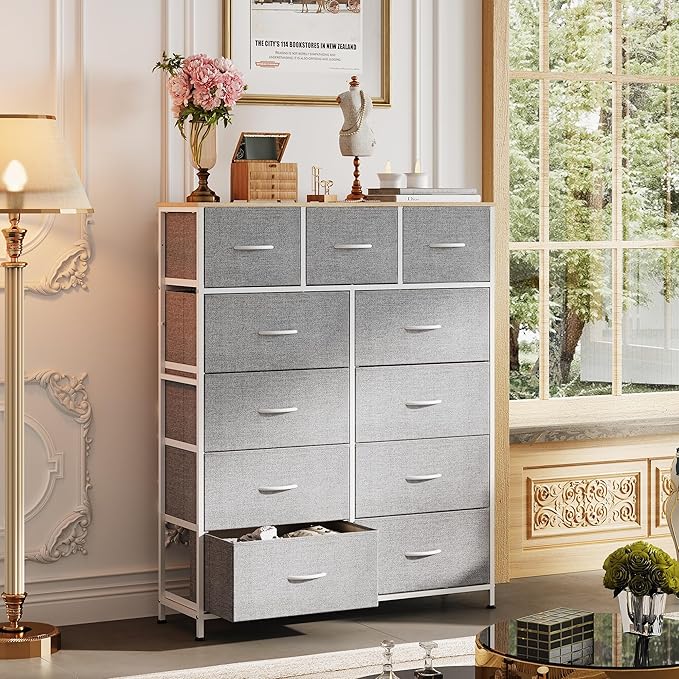 WLIVE Storage Organizer Unit with 11 Fabric Bins, Storage Drawers Organizer with Steel Frame, Tall Storage Tower Organizaton for Living Room, Hallway, Office, Light Grey