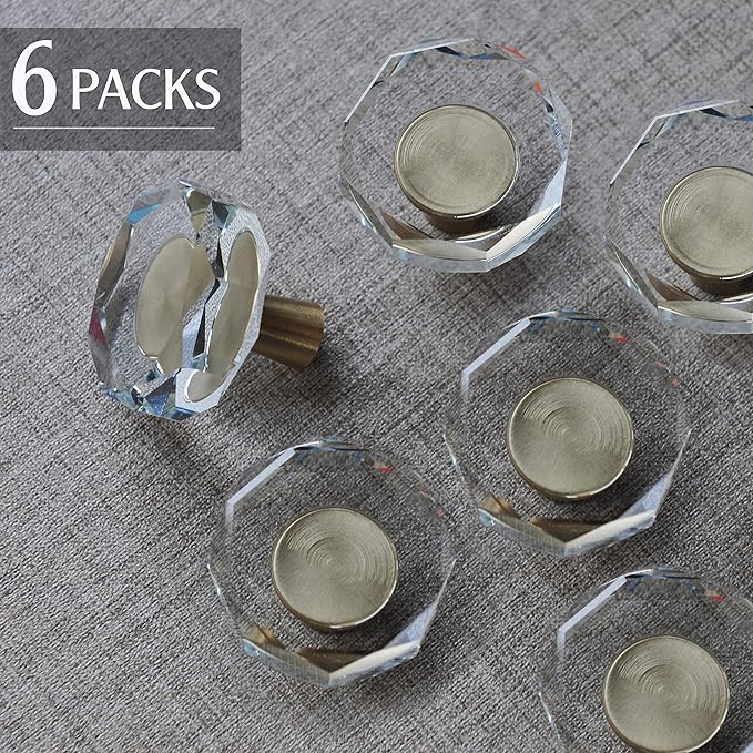 JEREVER 6 Pack Glass Crystal Knobs Brass Drawer Pull Cabinet Handle Gold Furniture Hardware for Dresser Kitchen (Polygon)