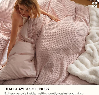Bedsure Cotton Duvet Cover Queen - 100% Cotton Waffle Weave Pink Duvet Cover Queen Size, GentleSoft™ and Breathable Bedding Set for All Season, 3 Pieces, 90"x90"