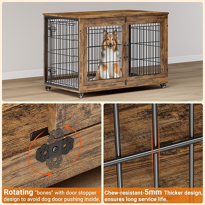 Lulive Dog Crate Furniture, XL Wooden Dog Kennel Indoor Double Doors Dog Cage, 44'' Heavy Duty Dog Crate with Cushion & Wheels, Decorative End Table Pet House Chew-Resistant for Large Dogs, Brown-Mewly Pet