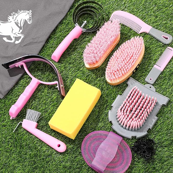 Abbylike 12 Pieces Horse Grooming Kit Racing Festival Tack Room Supplies Horse Brush Sets Equine Care Cleaning Kit Shedding Grooming Massaging Tools(Pink and Grey)-Mewly Pet