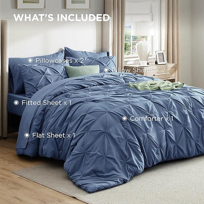 Bedsure California King Comforter Set - Bed in a Bag Cal King Bedding Set 7 PCS, GentleSoft™ Pintuck Bed Set Gift for Family, Pinch Pleat Slate Blue Comforter with Sheets, Pillowcases & Shams