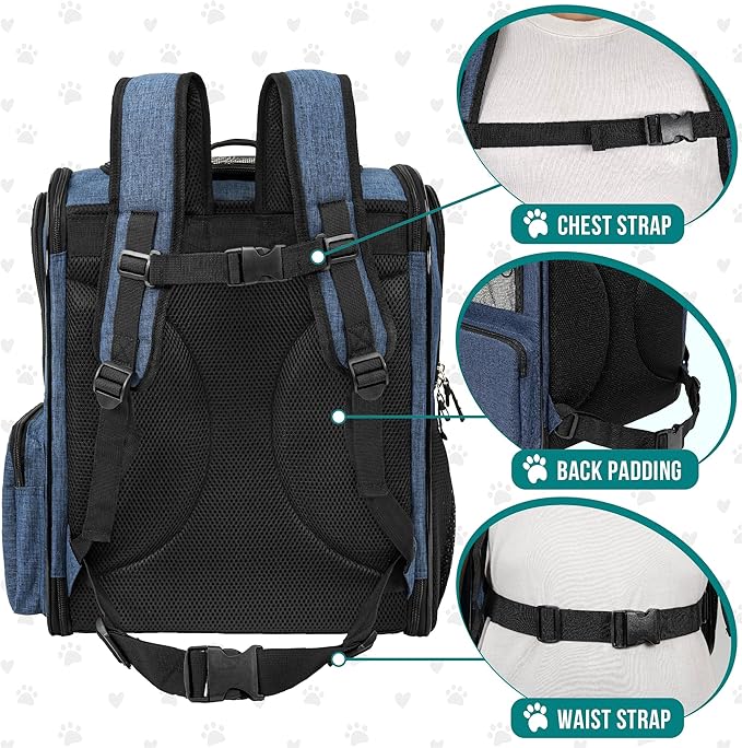 PetAmi Dog Backpack Carrier for Small Large Cat, Pet, Puppies, Ventilated Pet Hiking Backpack Travel Bag, Airline Approved Cat Backpack Carrier, Safety Back Support, Camping Biking, Max 18 lbs, Navy-Mewly Pet