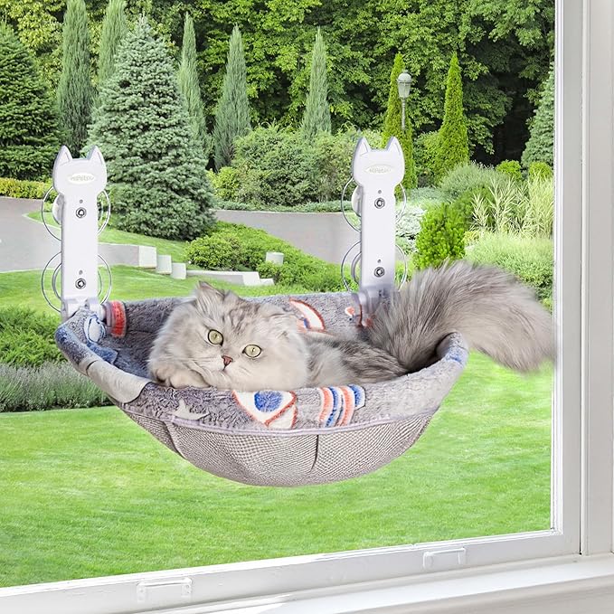 Cat Window Perch, Glow in The Dark Foldable Cat Hammock with Sunken Design & Removable Soft Cover, Breathable Cordless Window Bed for Resting Indoor Kitten (Deep Perch, 1 Pack - M)-Mewly Pet