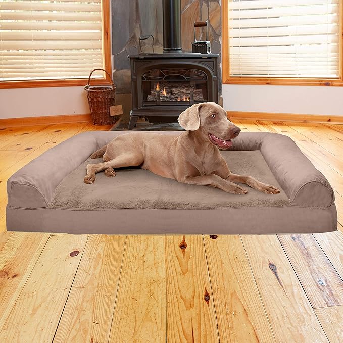 Furhaven Cooling Gel Dog Bed for Large Dogs w/ Removable Bolsters & Washable Cover, For Dogs Up to 125 lbs - Plush & Suede Sofa - Almondine, Jumbo Plus/XXL-Mewly Pet