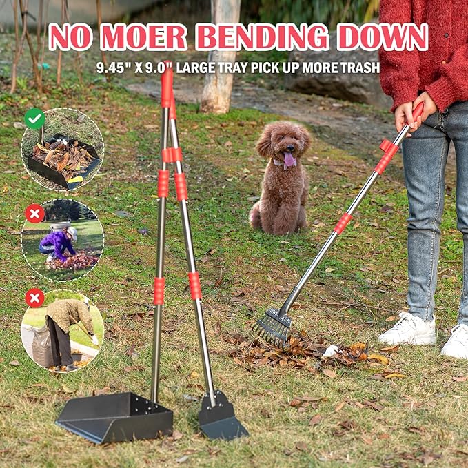 Dog Pooper Scooper Set, Pooper Scooper for Dog, Heavy Duty Stainless Steel Rake with Extra Large Tray & Spade No Bending Clean Up for Pet Waste Removal, for Grass, Dirt Or Gravel.-Mewly Pet