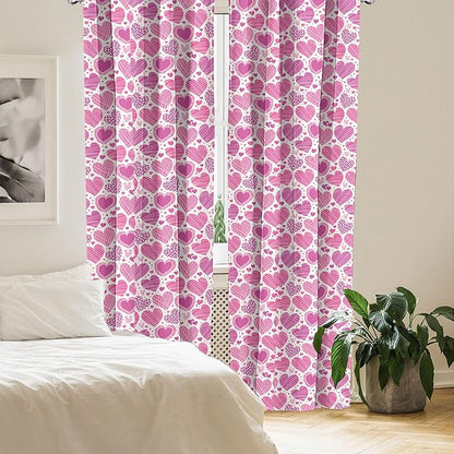 Ambesonne Valentines Window Curtains Pack of 2, Romantic Heart Shapes with Many Different Designs Polka Dots Crossed Lines, Lightweight Set with Rod Pocket, 4 Panels of - 28" x 95", Pink White