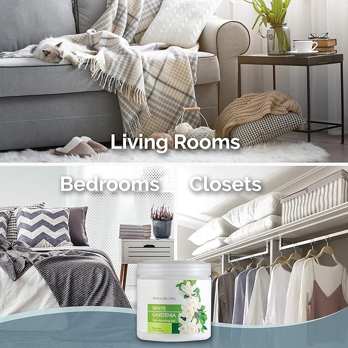 SMELLS BEGONE Air Freshener Odor Absorber Gel - 15 oz, Pack of 2 - Absorbs and Eliminates Odor in Pet Areas, Bathrooms, Cars, & Boats - Made with Essential Oils - White Gardenia Scent-Mewly Pet