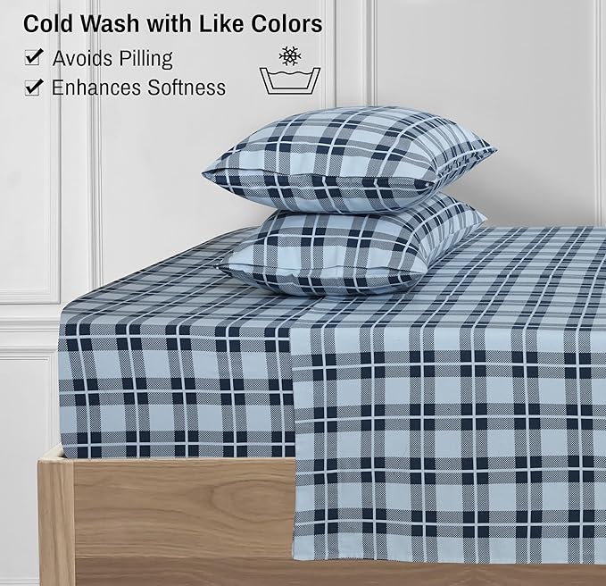 RUVANTI Flannel Sheets Full Size - 100% Cotton Double Brushed Bed Sheets Set, Deep Pockets 16 Inches, All Seasons Breathable & Extra Soft Full Sheets, Warm & Cozy, 4 Piece, Illusion Check