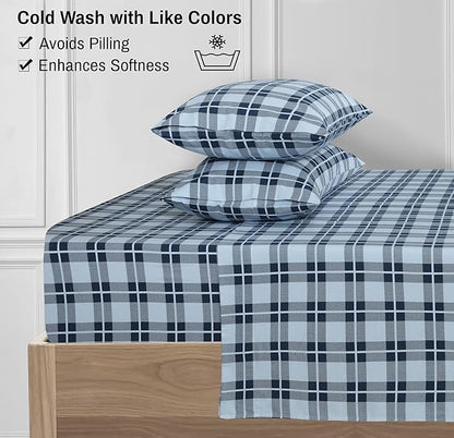 RUVANTI Flannel Sheets King Size - 100% Cotton Brushed King Size Sheets Set - Deep Pockets 16 Inches Bed Sheets - All Seasons Breathable & Extra Soft - Warm & Cozy, 4 Piece, Illusion Check
