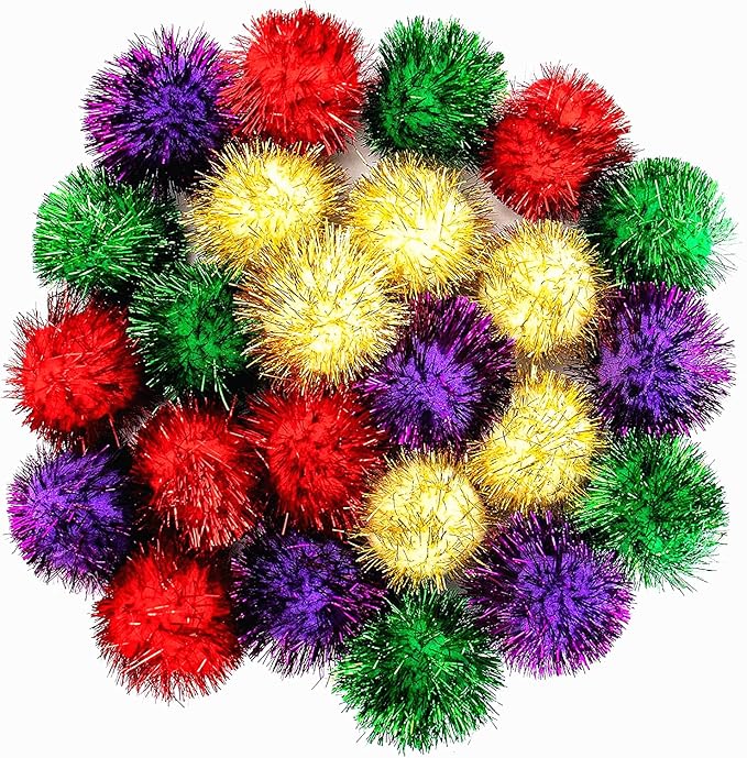 AUEAR, 24 Pack 2 Inch Extra Large Sparkle Cat Ball Glitter Tinsel Pom Pom Balls for Kittens (4 Assorsted Colors)-Mewly Pet