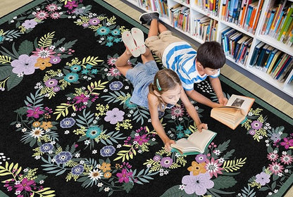 Flagship Carpets Schoolgirl Style Vintage Floral Educational Area Rug for Kids Room Seating Décor, Children's Classroom, Play Carpet for Teaching and Playroom, 5' x 7'6", Black & Multi