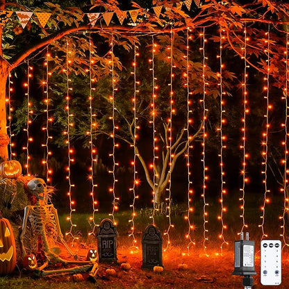 JMEXSUSS 300LED Orange Halloween Lights with Remote, 9.8x9.8ft Halloween Curtain Light, 8 Modes Orange Hanging String Lights Plug in for Fall Bedroom Thanksgiving Window Party Indoor Outdoor Decor