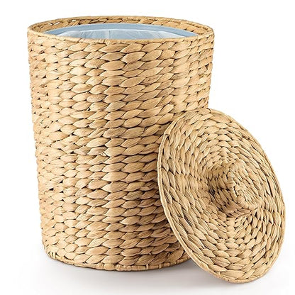4 Gallons Wicker Waste Basket - Water Hyacinth Bathroom Garbage Can with a Lid - Bathroom Trash Can Boho Style - Wicker Trash Can with Lid for Household, Kitchen - Removable Liner, Iron Frame