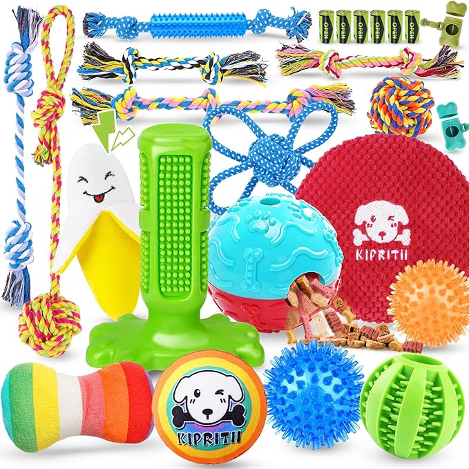 KIPRITII 25 Pack Various Puppy Dog Toys for Teething, Entertainment & Interaction, Puppy Chew Toys Pack with Rope Toy, Treat Balls and Dog Squeaky Toys for Puppies & Small Dogs-Mewly Pet