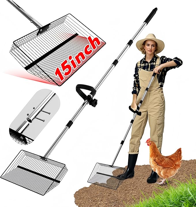 15inch Large Chicken Poop Scooper, 2 Slot Widths (0.16"&0.28"), 39" to 76" Adjustable Stainless Steel Handle, Sifting Litter Shovel for Chicken Coop/Stables/Farm Cleaning(with Effortless Grip)-Mewly Pet