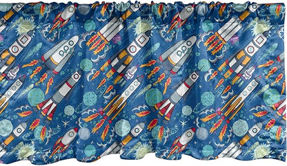 Ambesonne Spaceship Window Valance Pack of 2, Hand-Drawn Cartoon Spaceships Planets and Stars Outer Space Exploration Theme, Rod Pocket Curtain Valances for Kitchen Bedroom, 42" X 18", Violet Blue