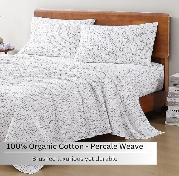LANE LINEN Sustainably Produced 100% Organic Cotton Queen Sheet Set, Soft & Comfy Fully Elasticized Printed Bedding Sheets & Pillowcase Set, 15" Deep Pocket Queen Sheets- Haze Grey