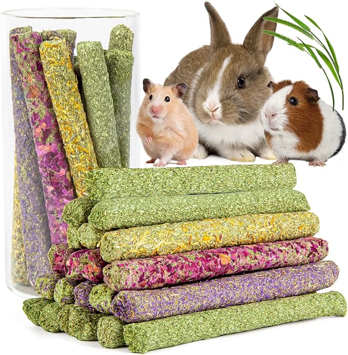 Sofier Timothy Hay Sticks - 44Pcs Natural Chews for Teeth - Handmade Rabbit & Guinea Pig Toys - Chinchilla, Rat, Hamster, Gerbil-Mewly Pet