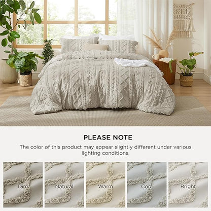 Bedsure Tufted Boho Comforter Set Full Size - Linen Boho Bed Set, GentleSoft™ 3 Pieces Farmhouse Shabby Chic Embroidery Bedding, Gifts for Woman, Soft Jacquard Full Comforter for All Seasons
