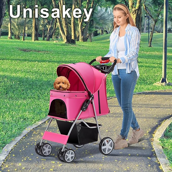4 Wheels Pet Stroller for Small Medium Dogs Cats 10-33 lbs, Foldable Dog and Cat Stroller with Cup Holder & Storage Basket & Breathable Mesh, Pet Strolling Cart for All-Season, Pink-Mewly Pet