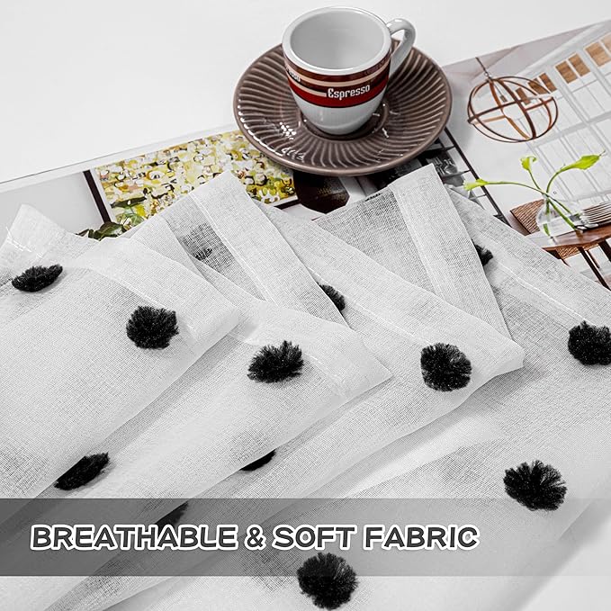 MYSKY HOME Short Pom Pom Sheer Curtains for Bedroom, Kitchen, Bathroom, Nursery, Boys Kids Room - Black, 52" x 54", Rod Pocket, 2 Panels, Halloween Small Window Curtains