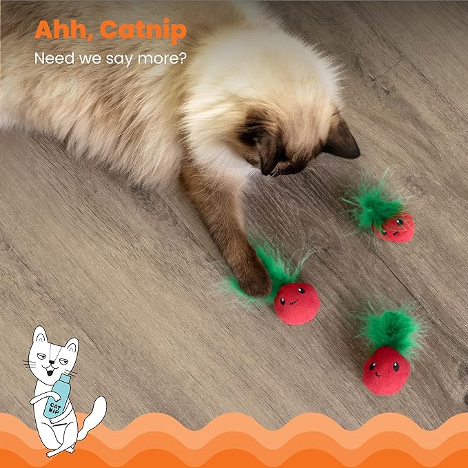 Catstages Strawbabies 3-Pack Catnip Cat Toys for Dental Health, Feather & Crinkle Teething Toys for Kittens and Indoor Cats, Interactive Play, Pink-Mewly Pet