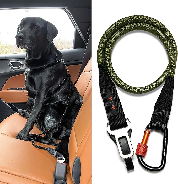 Dog Seat Belt for Car | Universal Dog Car Seatbelt | Durable Reflective Rope with Clip Hook Latch, Buckle and Carabiner- Safe and Secure Pet Safety Restraint (Army Green)-Mewly Pet