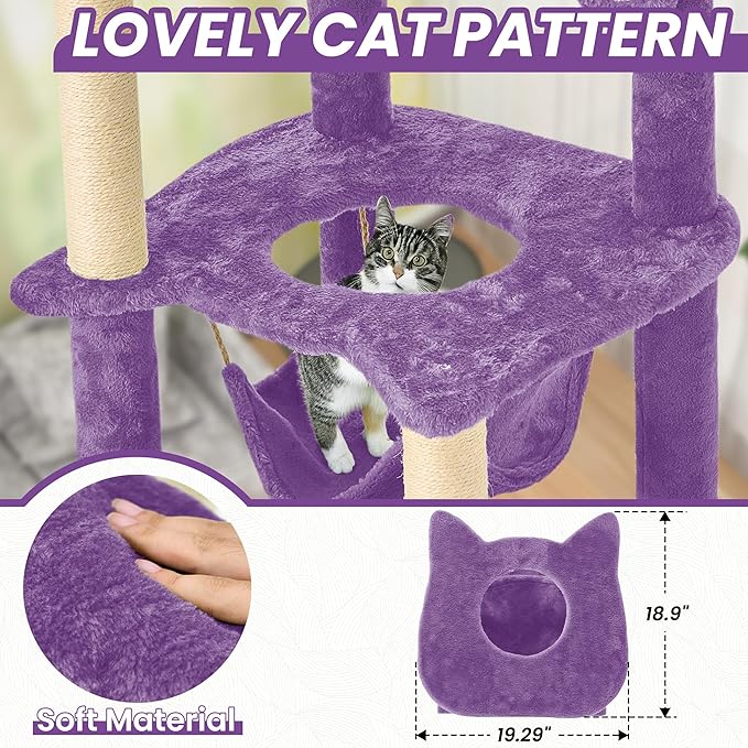 55 Inch Large Cat Tree Tower for Indoor Cats with Hammock Green Leaves Sisal Scratching Post, Plush Hang Ball Play Furniture for Kittens & Adult Cats, New Purple-Mewly Pet