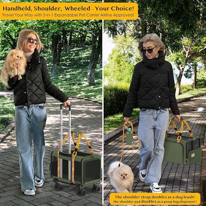 PAWZIDEA Expandable Pet Carrier with Wheels, 18X11X11 TSA Airline Approved Cat Carrier w/ID Card for 2 Cats, Small Dog Carrier Car Seat Travel Bag, Max Weight Recommendation 18 lbs，Green-Mewly Pet