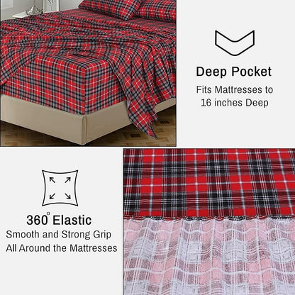RUVANTI Flannel Sheets Full Size - 100% Cotton Double Brushed Bed Sheets Set, Deep Pockets 16 Inches, All Seasons Breathable & Extra Soft Full Sheets, Warm & Cozy, 4 Piece, Red Plaid