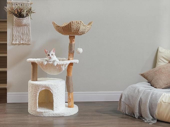 Modern Cat Tree for Large Cats, Wood Cat Tower for Indoor Cats, Real Branch Luxury Cat Furniture with Super Large Cozy Condo and Hammock & Scratching Post, Top Basket, White-Mewly Pet