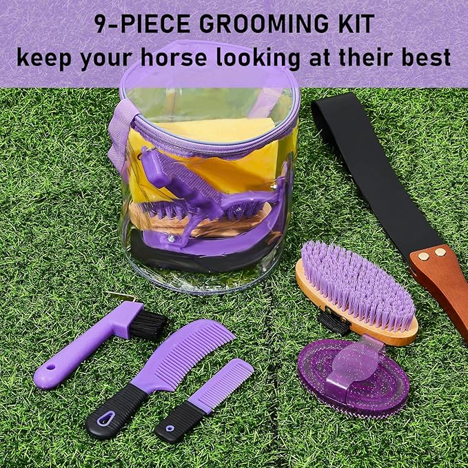 9 Pieces Horse Grooming Kit Tack Room Supplies Set with Organizer Tote Bag, Oval Massage Curry, Hard and Soft Brush, Hoof Pick, Sweat Scraper, Bathing Sponge, Combs for Horse Riders Beginners (Purple)-Mewly Pet