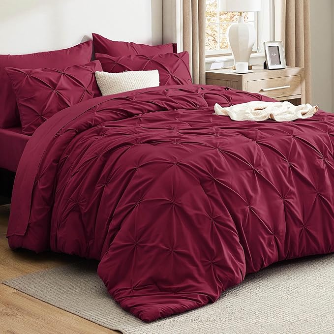 Bedsure Twin Comforter Set Dark Red - Bed in a Bag Twin Size Bedding 5 Pieces, GentleSoft™ Pintuck Bed Set Gift for Family, Pinch Pleat Dark Red Comforter with Sheets, Pillowcase & Sham