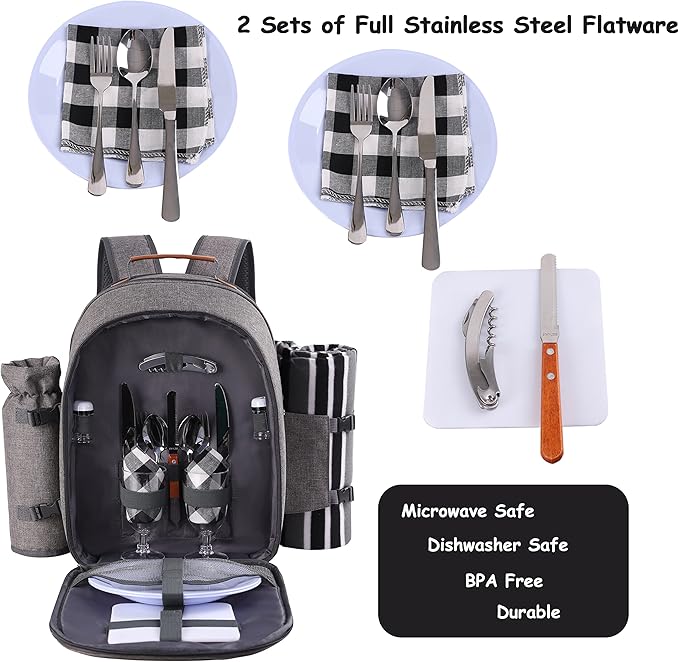 Apollo Walker Picnic Backpack Set for 2 Person with Cooler Compartment, Detachable Bottle/Wine Holder, Fleece Blanket, Plates and Cutlery Set-Mewly Pet