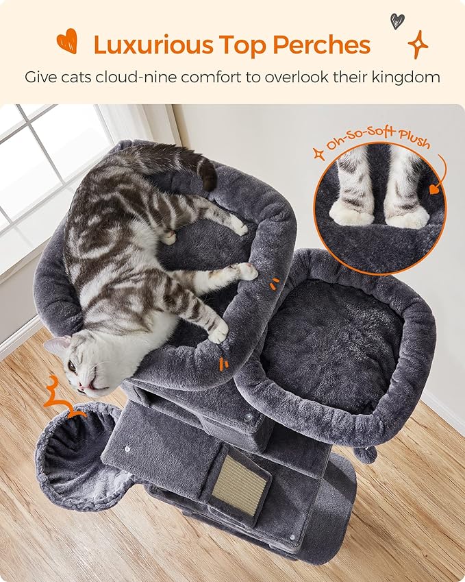 Feandrea Cat Tree, 81.1-Inch Large Cat Tower with 13 Scratching Posts, 2 Perches, 2 Caves, Basket, Hammock, Pompoms, Multi-Level Plush Cat Condo for Indoor Cats, Smoky Gray UPCT190G01-Mewly Pet