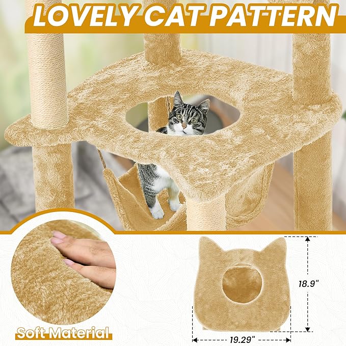 55 Inch Large Cat Tree Tower for Indoor Cats with Hammock Green Leaves Sisal Scratching Post, Plush Hang Ball Play Furniture for Kittens & Adult Cats, New Beige-Mewly Pet