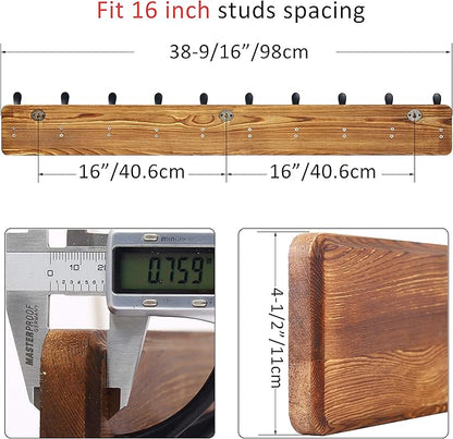 WEBI Coat Rack Wall Mount,38 9/16" Long,10 Hooks,Coat Hooks Wall Mounted,Coat Hanger Wall,Wood Hook Rack Rail,Triple Hooks for Hanging Coats,Clothes,Jacket,Brown